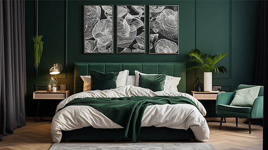 Спалня в бутилково зелено и бяло - вдъхновение за чувствени аранжировки